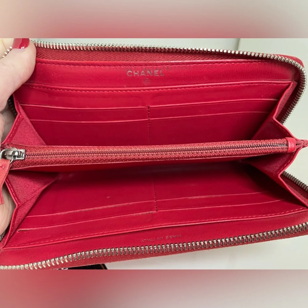 Chanel Lambskin Multi Size Quilted Zip Around Wallet Red EXTREMELY RARE